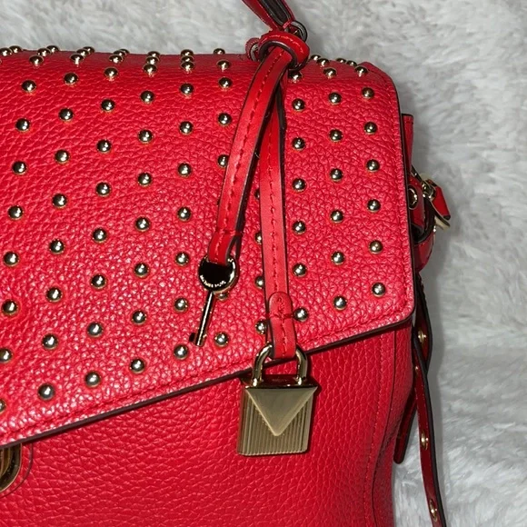 Michael Kors MK Bristol Studded Leather Satchel Crossbody Purse Shoulder Bag Red Bags